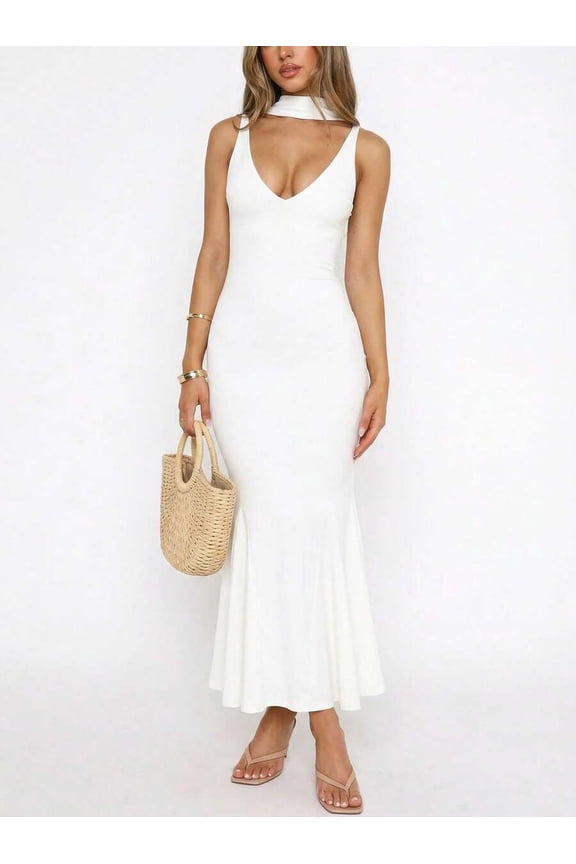 White Womens V-Neck Sleeveless Mermaid Hem Flowy Dress For Resort Chic Summer