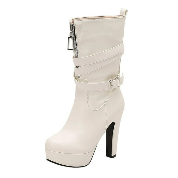 White Womens Winter Boots With Front Zipper And Round Toe For Comfortable And Fashionable Outfits