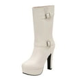 thumbnail image 1 of White Womens Winter Boots With Solid Color Design And Belt Buckle Platform Heel Mid Calf For Everyday Elegance, 1 of 9