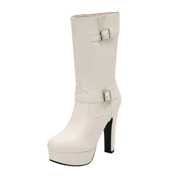 White Womens Winter Boots With Solid Color Design And Belt Buckle Platform Heel Mid Calf For Everyday Elegance