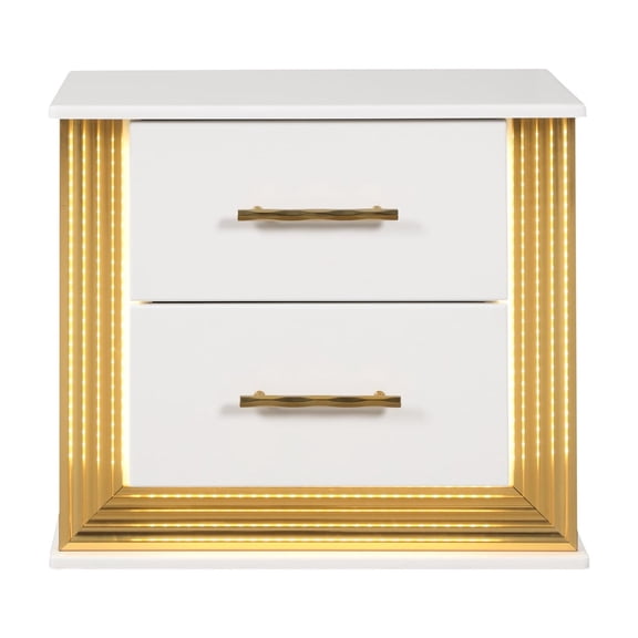 White Wood 2 Nightstand - Modern Bedroom Cabinet With Led Contemporary 2 Drawers & Lights