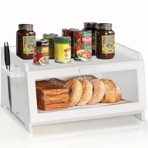 White Wood Bread Box with Clear Window & Top Shelf - Magnetic Door Bread Fresh Keeper for Kitchen Counte Storage