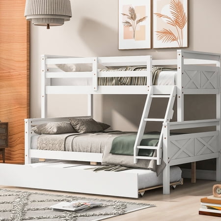 White Wood Bunk Bed - Slanted Ladder for Easy Climb - Guest Bedroom - Comfortable Overnight Stay