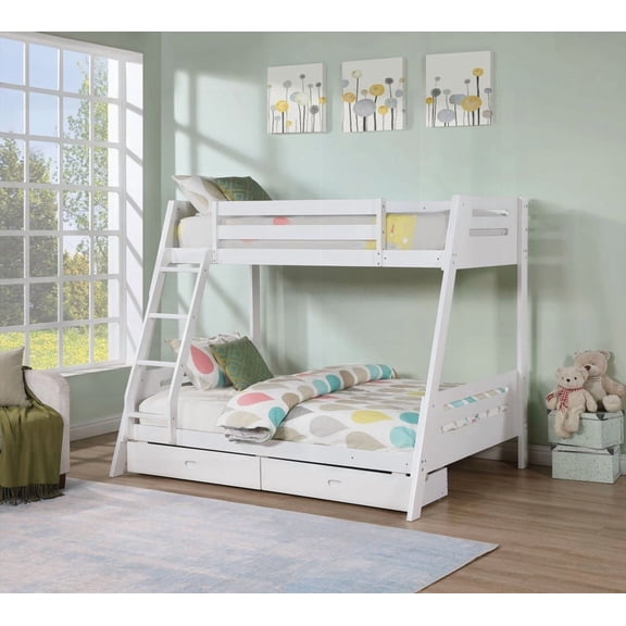 Transitional Bunk Bed with Solid Wood & Reversible Ladder | White Finishing
