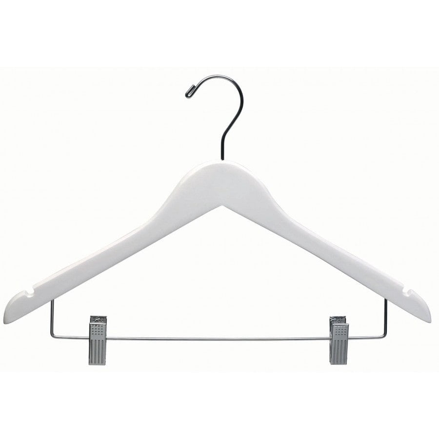 White Wood Combo Hanger w/ Cushion Clips, Box of 25 Space Saving 17 Inch Flat Wooden Hangers w/ Chrome Swivel Hook & Notches for Shirt Jacket or Dress by International Hanger