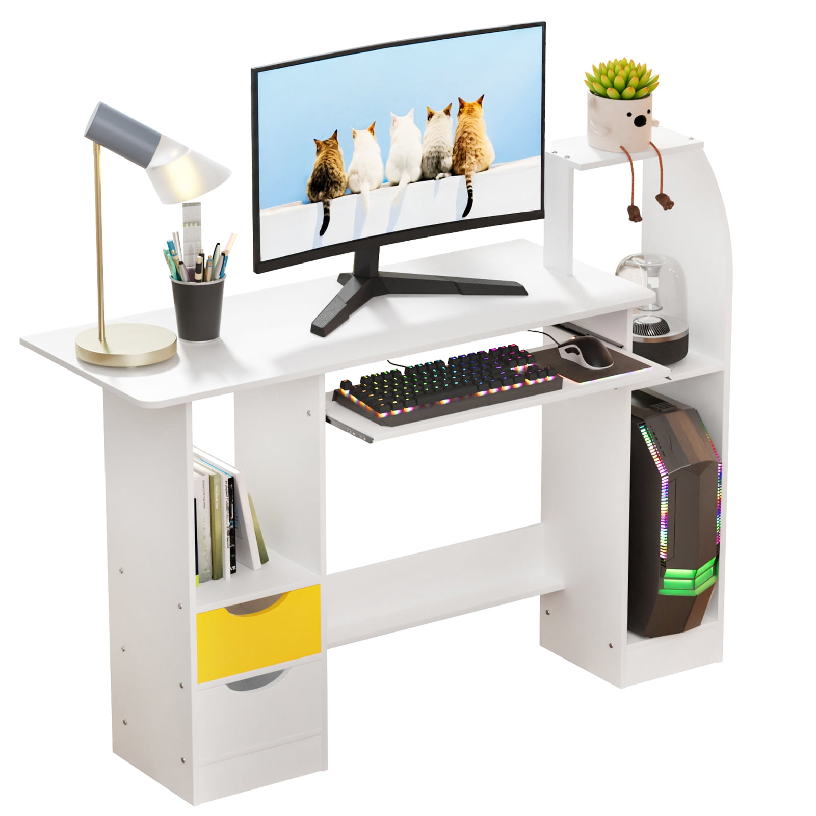 White Wood Computer Desk with 2 Drawers & 3 Hutch Shelves, Wide Desktop ...