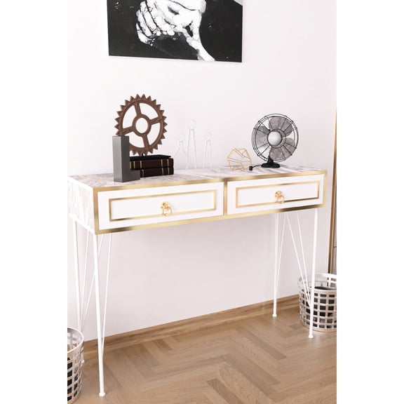 White Wood Console Table with Metal Legs / Suitable for Displaying Photos