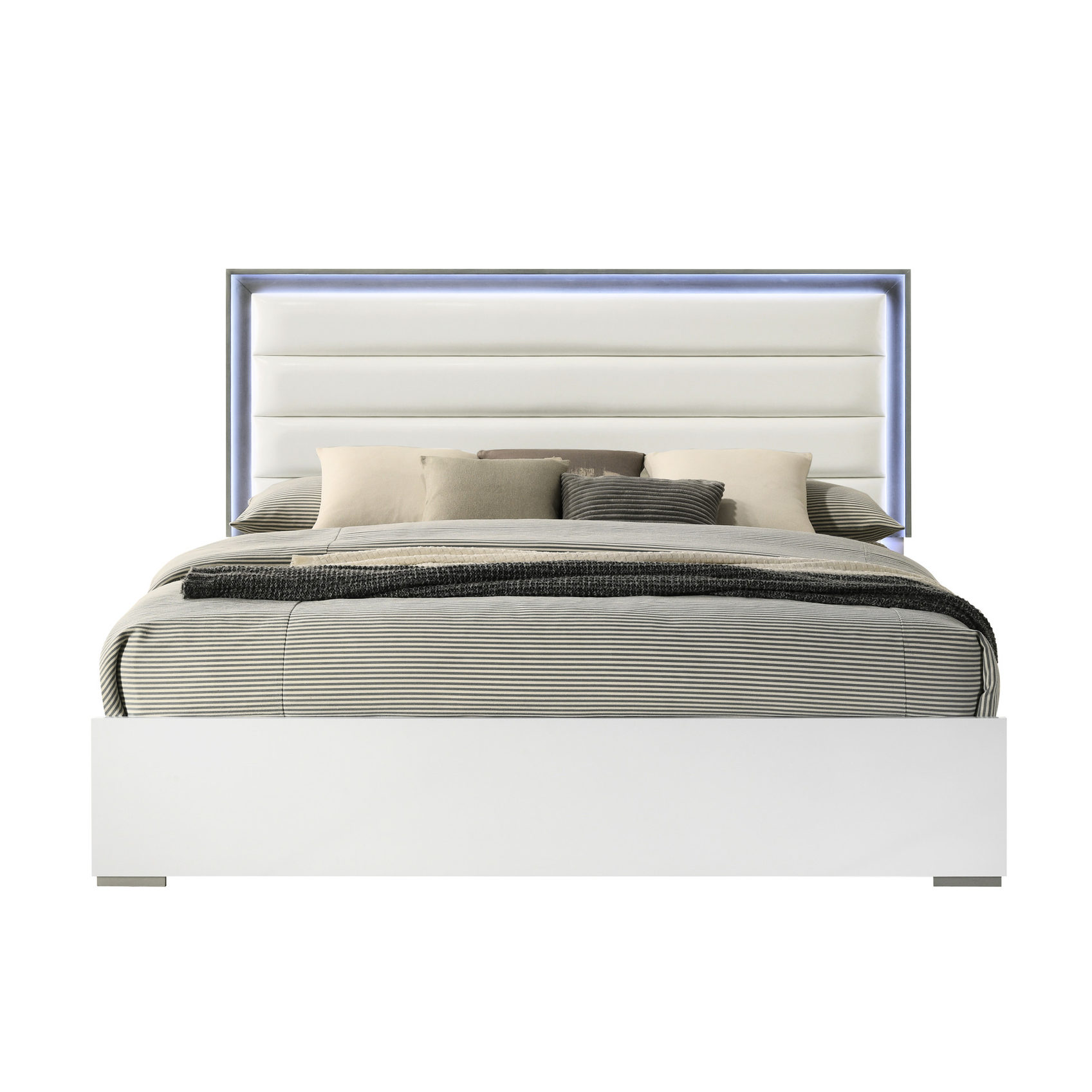 White Wood Contemporary Queen Bed, LED - lit Headboard Feature ...