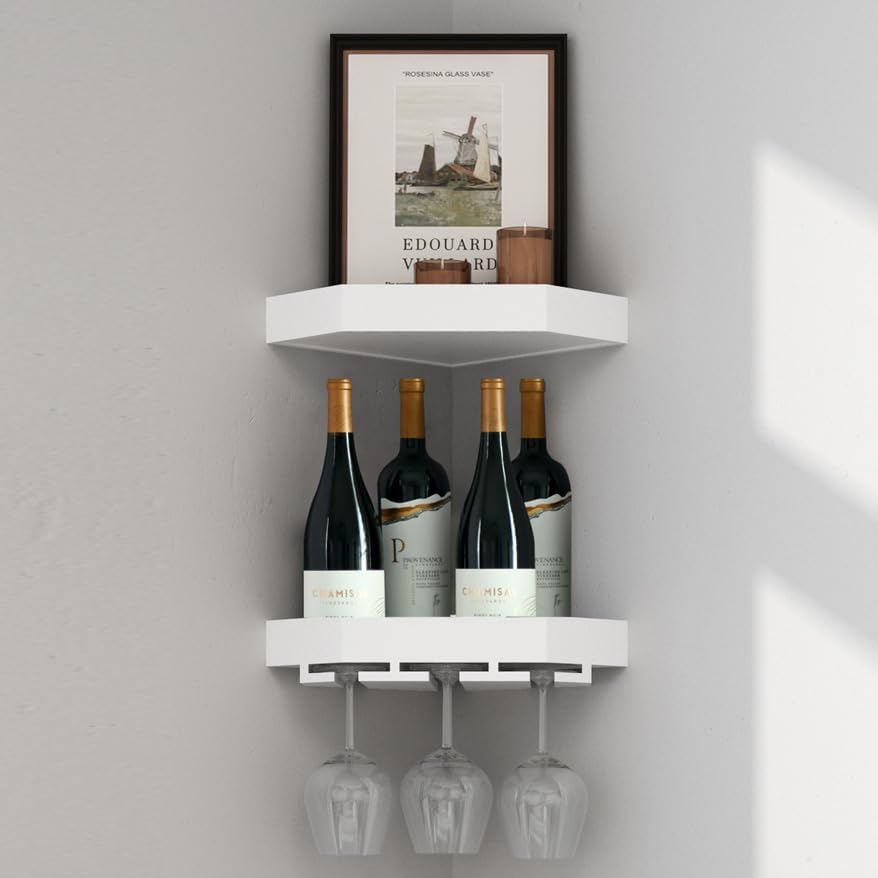 White Wood Corner Floating Shelves Wall Mount Corner Wine Rack 2 Pack