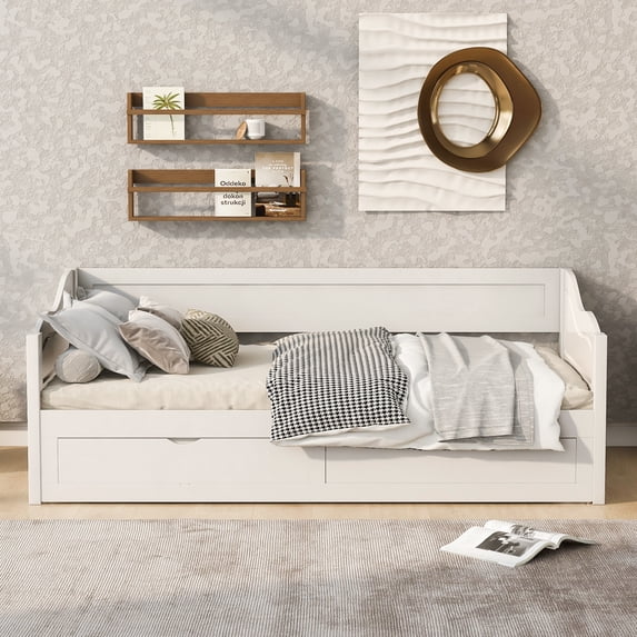 White Wood Daybed with Pull-Out Trundle Bed & 2 Storage Drawers | Extendable Twin to Near-King Sofa Bed Frame for Guest Room, Kids, Living Room