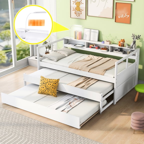 White Wood Daybed with USB Design and 3 Storage Cubbies - Enhance Bedroom Functionality