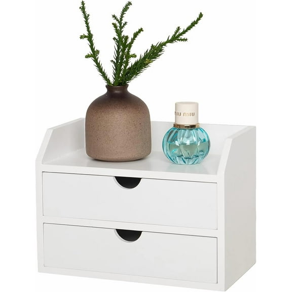 White Wood Desk Organizer with 2 Drawer, Mini Cute Cabinet with Storage Shelf for Tabletop, Small Desktop Box Organizer for Cosmetic Office Supplies