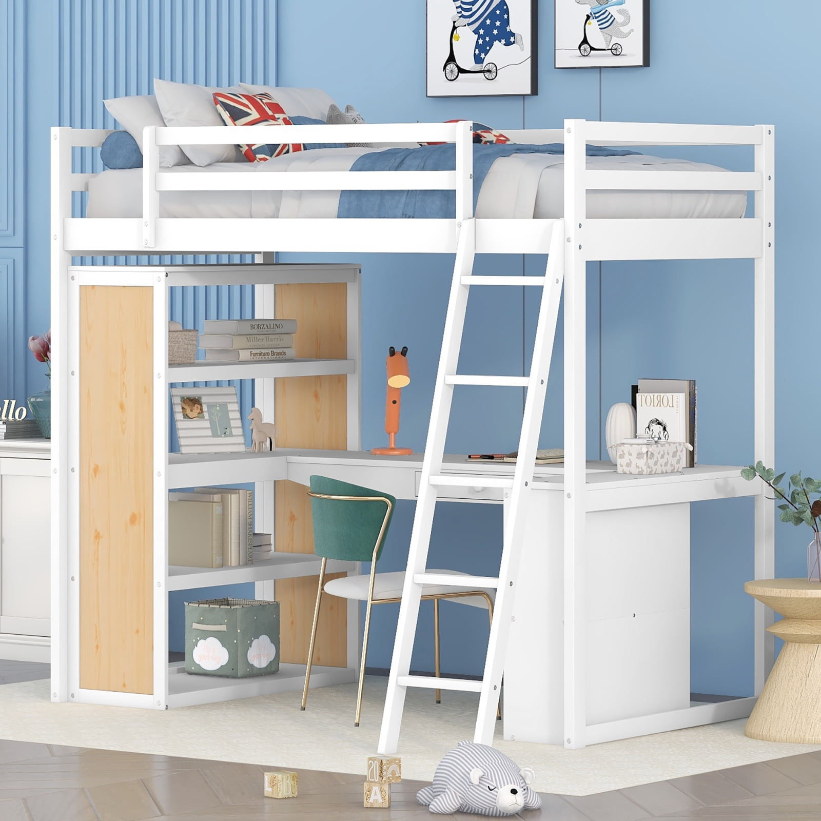 White Wood Finish SpaceSaving Twin Loft Bed with Study Desk and