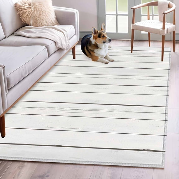 White Wood Grain 3'x5' Washable Rug, Rustic Wooden Planks Farmhouse Non-Slip Area Rugs for Entryway Kitchen Classroom, StainResistant Dorm Throw Carpet, Low Pile Soft Indoor Floor Mat