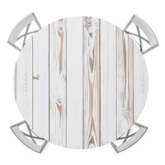 White Wood Grain Round Tablecloth for 45-54 Inch Tables, Fitted Table Cover with Elastic Edge, Country Farmhouse Wooden Plank Waterproof Outdoor Table Cloth Protector for Patio Garden Dinner Picnic