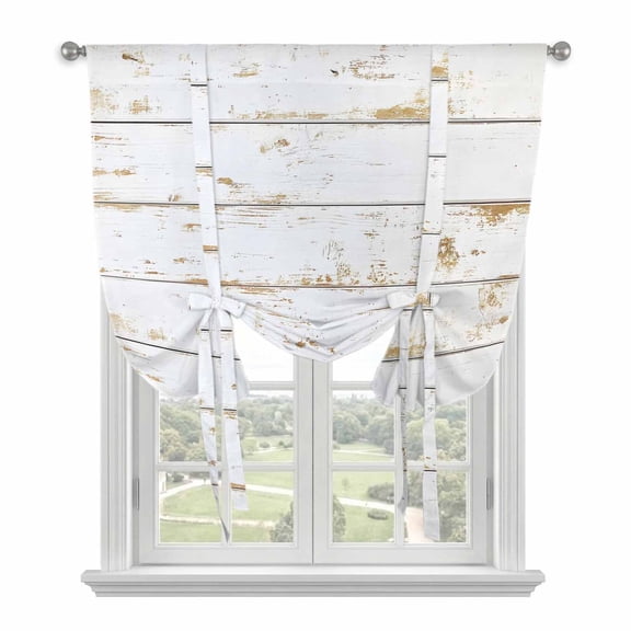 White Wood Grain Tie Up Curtain for Window, Farmhouse Brown Retro Mottled Wooden Board Adjustable Tie Up Balloon Curtain Valances Rod Pocket Window Treatment for Kitchen Bathroom Bedroom 42"x45"
