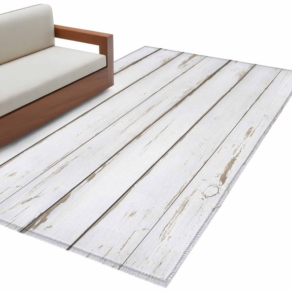White Wood Grain Washable Area Rug 4 x 6 ft Farmhouse Countryside Mottled Wooden Board, Soft Non Slip Rugs Stain Repellent Indoor Felt Carpet for Living Dining Room Bedroom Home Office