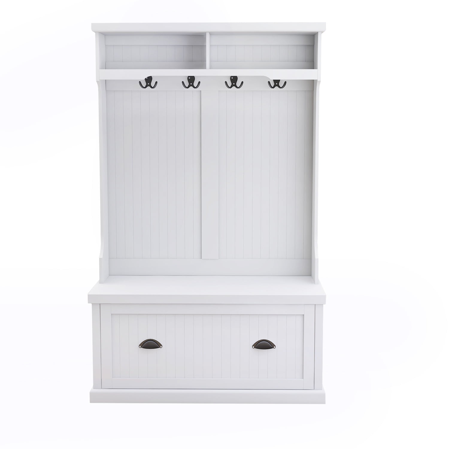 White Wood Hall Tree with Storage Bench and Hooks