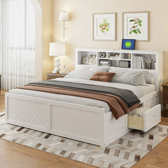 White Wood King Size Platform Bed Having 6 Storage Areas & USB Charging, Sturdy Build