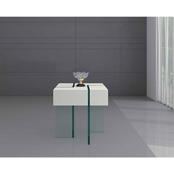 White Wood Lacquer Finish End Table with 19mm Tampered Glass Base