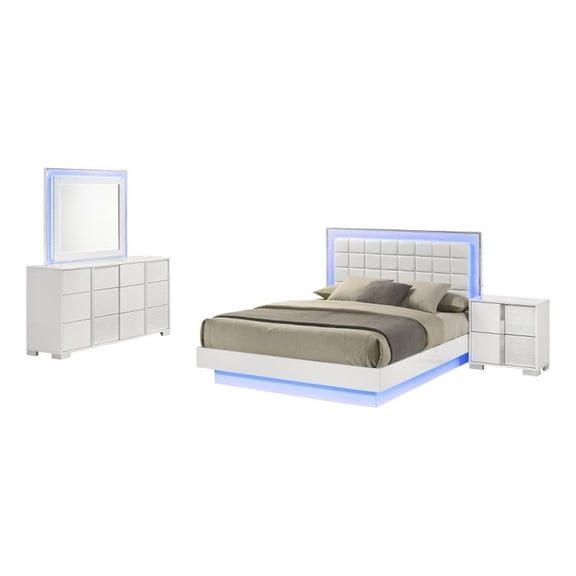 White Wood Lacquer Platform Queen Size Bedroom Set with Blue LED Lighting