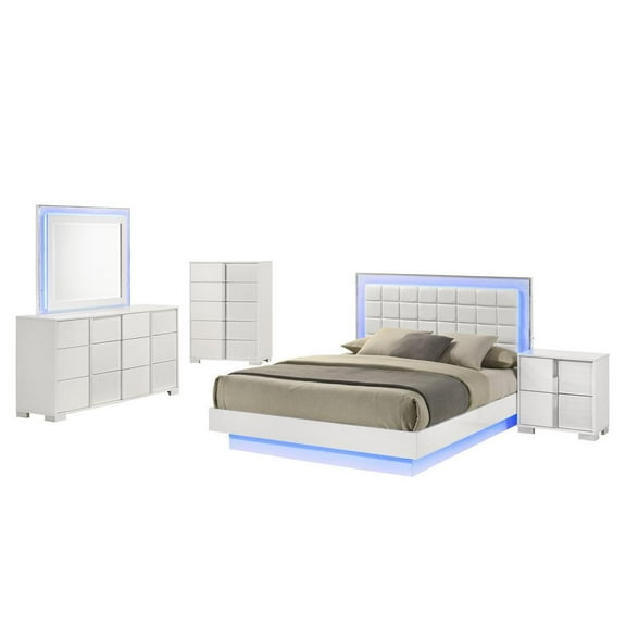 White Wood Lacquer Platform Queen Size Bedroom Set with Blue LED Lighting