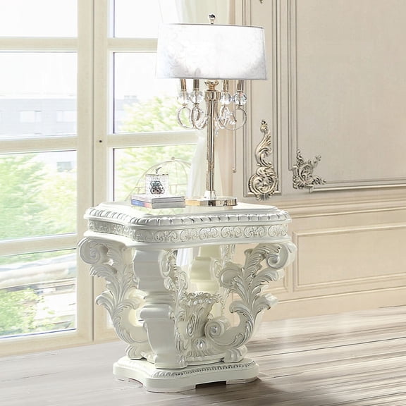 White Wood+Plastic Square Table | Pedestal Base with Scroll Trim | Indoor and Outdoor Areas