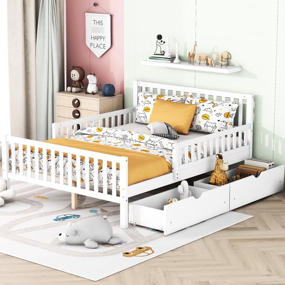 White Wood Platform Bed With Side Guardrails And Practical Storage Two Ample Drawers