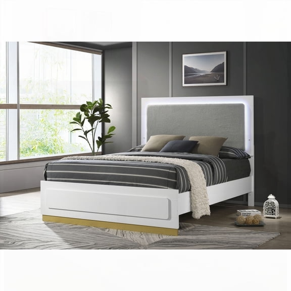 Queen Size White Wood Platform Bed Frame with LED Lighting for Bedroom