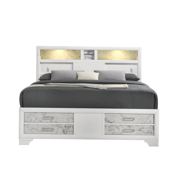 White Wood Queen Platform Bed with Storage, USB Charging, Bluetooth, LED Light Headboard, No Box Spring Needed