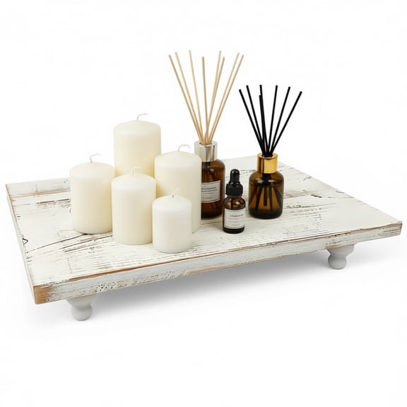 White Wood Riser, 13.4 x 9.4 x 2.4 in Farmhouse Pedestal Stand, Distressed Wood Decorative Tray, Wooden Display Stand for Kitchen, Bathroom, Coffee Table Decor