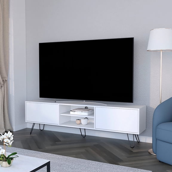 White Wood TV Rack with Hinged Drawers / Suitable for 55" TVs in Home