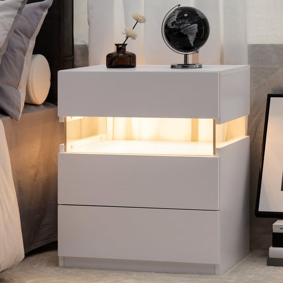 White Wood Tone - Easy-to-Use LED - Bedroom End Table - Tidy and Organized