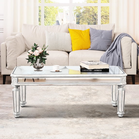 White Wood Tone - Vintage Carved Design - Primary Living Space Coffee Table / Shows Owner's Taste