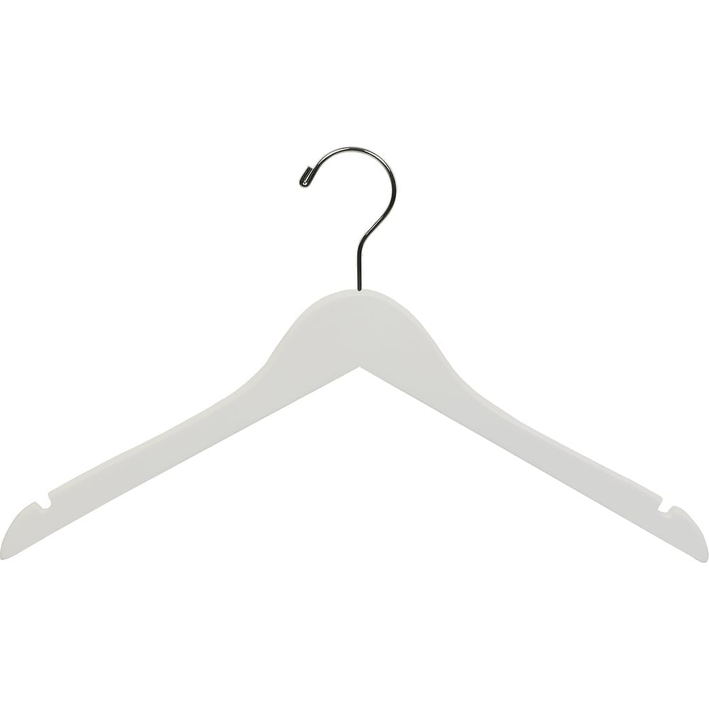 White Wood Top Hanger, Box of 100 Space Saving 17 Inch Flat Wooden Hangers w/ Chrome Swivel Hook & Notches for Shirt Jacket or Dress by International Hanger