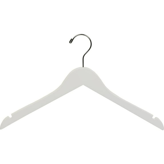 White Wood Top Hanger, Box of 50 Space Saving 17 Inch Flat Wooden Hangers w/ Chrome Swivel Hook & Notches for Shirt Jacket or Dress by International Hanger