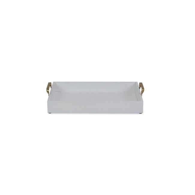 White Wood Tray with Side Gold Handles White 15.75 x 10 x 2 in