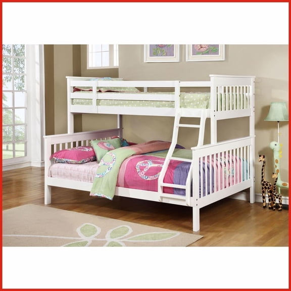 White Wood Twin Over Full Bunk Bed - Splits into 2 Beds, Slatted Headboard for Guest/Shared Rooms