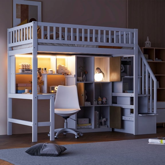 White Wood Twin Size Loft Bed with Integrated Desk, LED, & Ample Storage Facilities