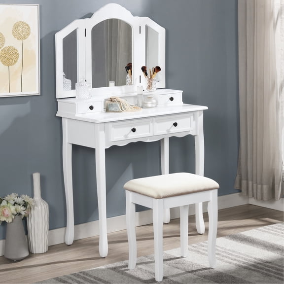 White Wood Vanity Make Up Desk And Stool - Build Modern Look Station , With A Construction Stylish