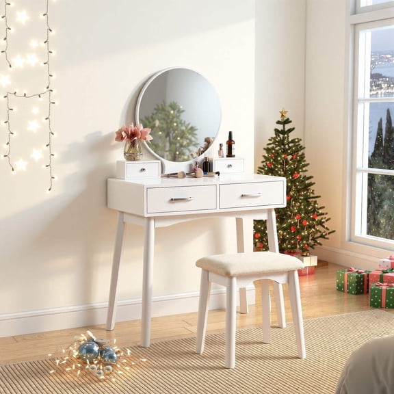 White Wood Vanity Set with Stool for Small Bedroom, Space Saving Makeup Table with Storage Drawers and Mirror