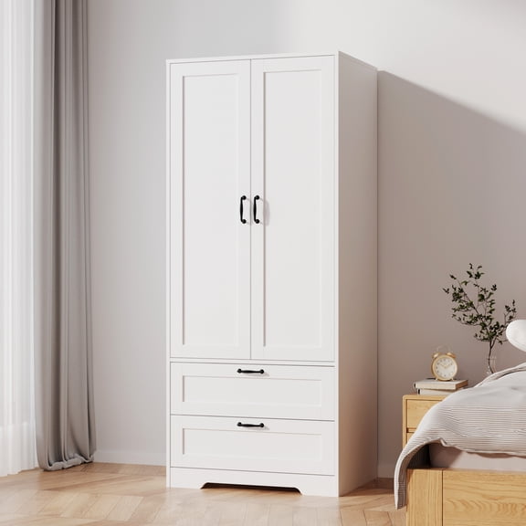 White Wooden Armoire Wardrobe Closet with 2 Doors & 2 Drawers, Freestanding Bedroom Clothes Storage Cabinet with Hanging Rod