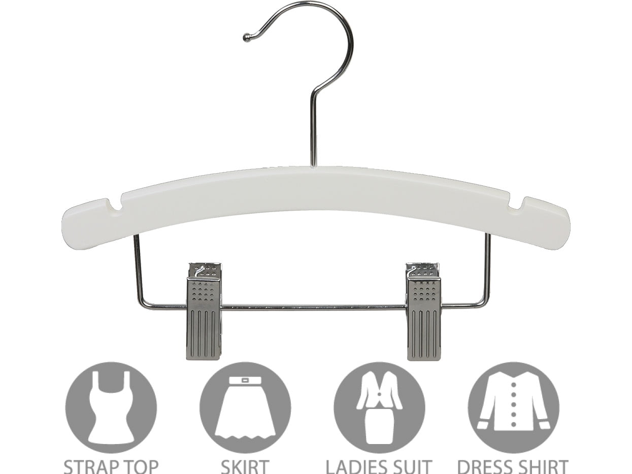 International Hanger Baby Wooden Combo Hangers White 10", Adjustable Cushion Clips & Chrome Swivel Hook – Box of 25