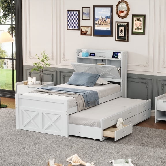 White Wooden Bed with Storage - Extendable & 3 Drawers