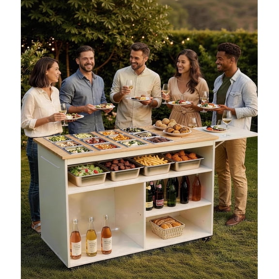 STICCIO White Wooden Charcuterie Cart, 47" Mobile Dessert Buffet Table with Wheels, 12 Stainless Steel Food Pans Folding Board, for Party Catering
