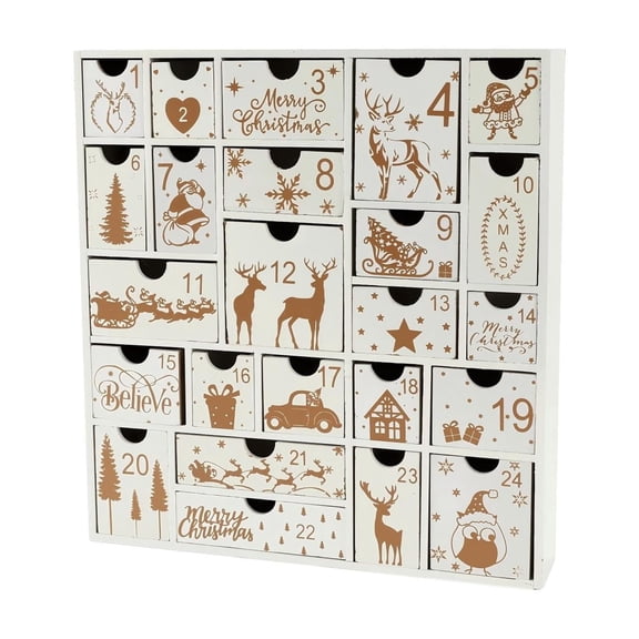 White Wooden Christmas Advent Calendar 24 Drawers Desktop Countdown Candy Box Organizer Holiday Reusable Tabletop Festive Cabinet Storage for Home Decor