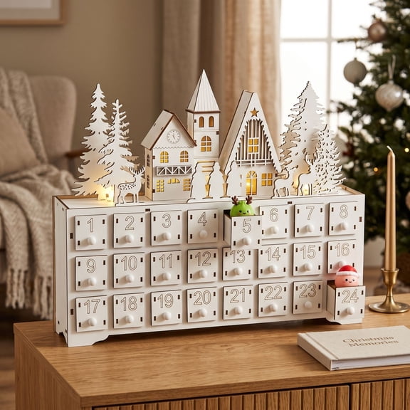 White Wooden Christmas Advent Calendar With LED Lights, 24 Refillable Countdown Drawers, Village House Scene Reusable Xmas Tabletop Home Decor 1Pcs