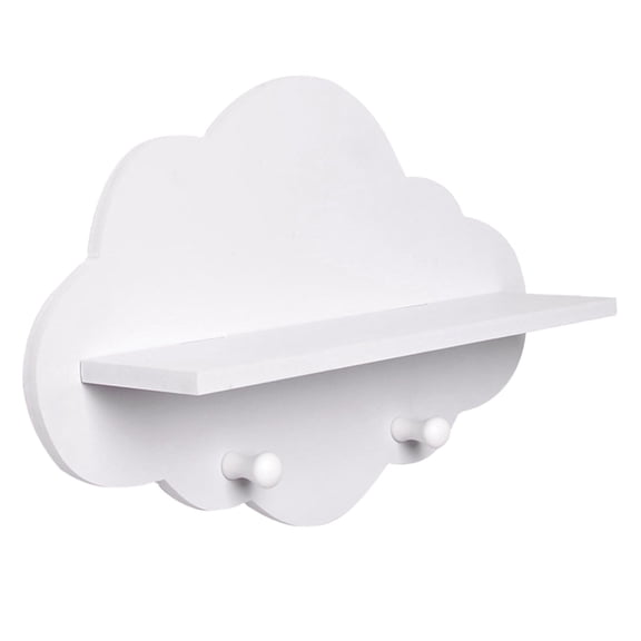White Wooden Cloud Shaped Wall Floating Shelf With Two Round Hooks Kids Room Wall Mount Storage Rack Decor Display Organizer For Toys Small Decorations