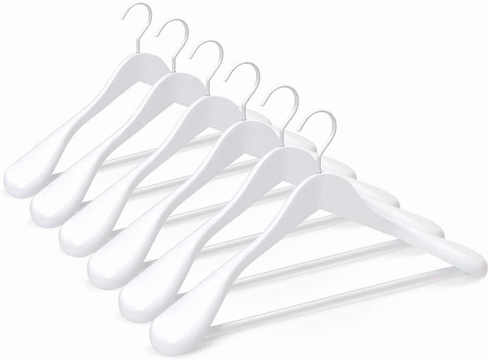 White Wooden Coat Hanger 6 Pack, Wood Suit Hangers,Glossy Finish with Extra-Wide Shoulder, Thicker White Hooks & Anti-Slip Bar,Suitable for Coat, Suit,Dress,Jacket,Heavy Cloth