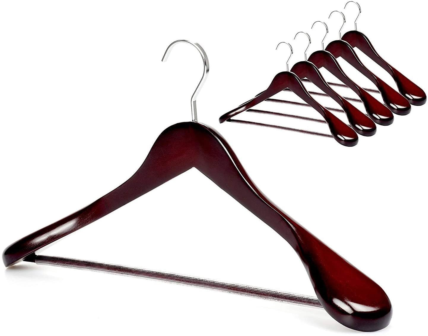 White Wooden Coat Hanger 6 Pack, Wood Suit Hangers,Glossy Finish with Extra-Wide Shoulder, Thicker White Hooks & Anti-Slip Bar,Suitable for Coat, Suit,Dress,Jacket,Heavy Cloth